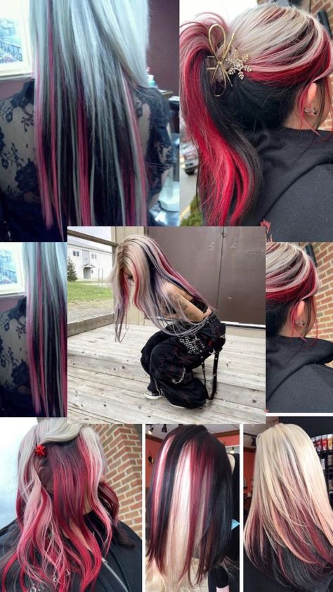 Hair Dye Parting, Rainbow Brunette Hair, Pink Color Blocking Hair, Blonde Hair With Other Colors, Bleach Placement Hair, Black Low Lights For Blonde Hair, Split Hair Hairstyles, Indie Hair Dye Ideas, Gothic Hair Dye Ideas