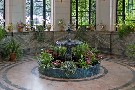 Photo about An indoor fountain at Casa Loma. Image of green, indoor, marble - 2119634 Interior Fountain Indoor Waterfall, Indoor Fountain Ideas Waterfalls, Meditation Room Inspiration, Modern Outdoor Fountains, Indoor Wall Fountains, Landscaping With Fountains, Indoor Courtyard, Modern Fountain, Home Fountain