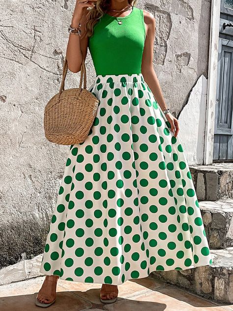 Green Casual Collar Sleeveless  Polka Dot  Embellished Medium Stretch  Women Clothing Green Polka Dot Dress, Solid Tank Tops, Green Polka Dot, Top Tank, Green Tops, Print Skirt, Polka Dot Print, Polka Dot Dress, Dot Print