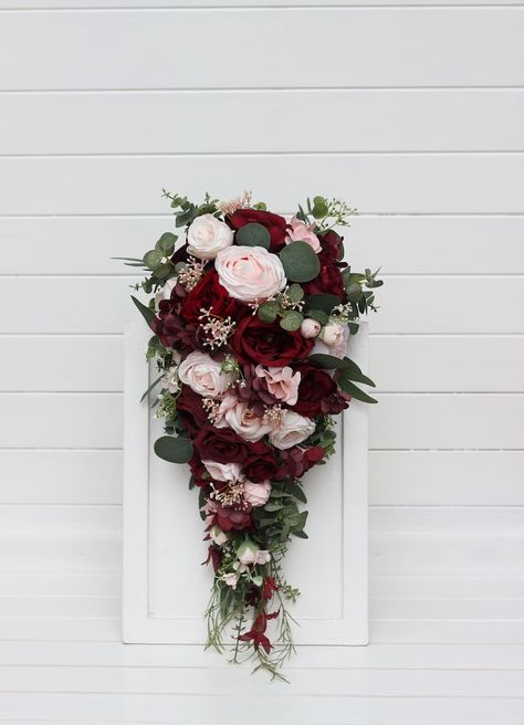 Burgundy Blush Pink Bouquet Size 17 Bridal Bouquet Faux Bouquet Wedding Flowers Eucalyptus - Etsy Australia Burgundy Cascading Bouquet, Fall Burgundy Bouquet, Burgundy Bridesmaid Bouquet, White And Pink Wedding Flowers, Wedding Flowers Eucalyptus, Blush Pink Bouquet, Burgundy Bridal Bouquet, Pop Wedding, Faux Bouquet