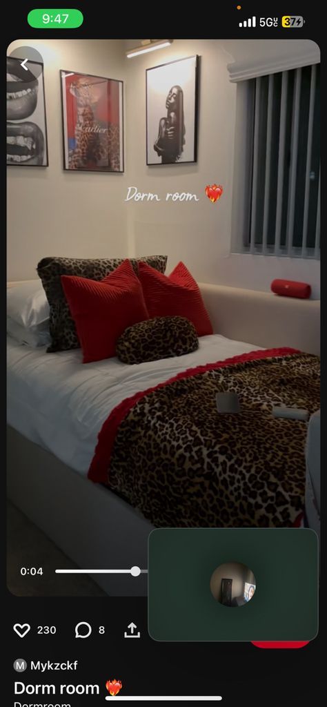 Red And Leopard Bedroom Ideas, Red And Cheetah Bedroom, Cheetah Bedroom, Room Ideas Red, Red Dorm, Leopard Bedroom, Red Rooms, Room Aesthetic, Bed Room