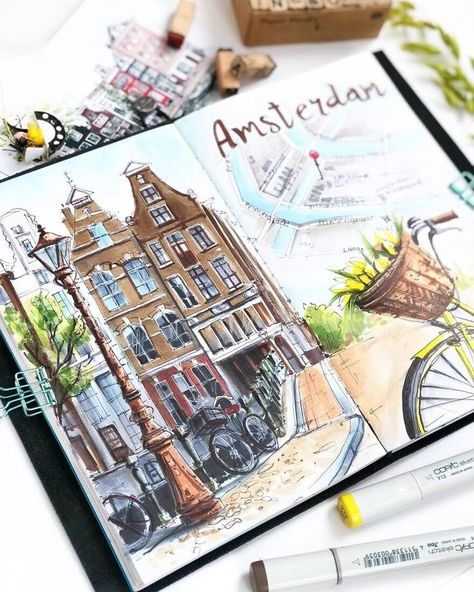 City Sketches Amsterdam. Travel Diary Sketches and Moleskine Drawings. By Irina Shelmenko. Diary Sketches, Voyage Sketchbook, City Sketches, Travel Art Journal, City Sketch, Travel Sketchbook, Sketch Journal, Drawing Journal, Travel Drawing