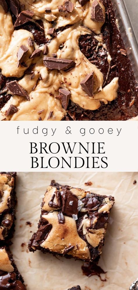 Brownie blondies are two delicious desserts in one! They are half brownie and half blondie with a fudgy and gooey texture. This recipe is easy to make with no mixer and simple ingredients that comes out perfect every time! Brownie Blondies, Cambrea Bakes, Vanilla Brownies, Fudgy Brownie Recipe, Brownies Recipe Homemade, Decadent Chocolate Desserts, Sweet Potato Brownies, Brownie Toppings, Blondies Recipe