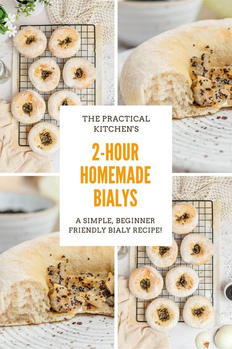 Learn how to make soft, chewy homemade bialys in just 2 hours! A cousin of the bagel, bialys are filled with a simple mix of onions, garlic, and poppy seeds. Perfect for breakfast or a snack! See notes for freezing instructions. Bialy Recipe, Bagel Fillings, Onion Bagel, Plain Bagel, Pizza Salad, Practical Kitchen, Bagel Recipe, Ice Cream Pies, Bread Appetizers