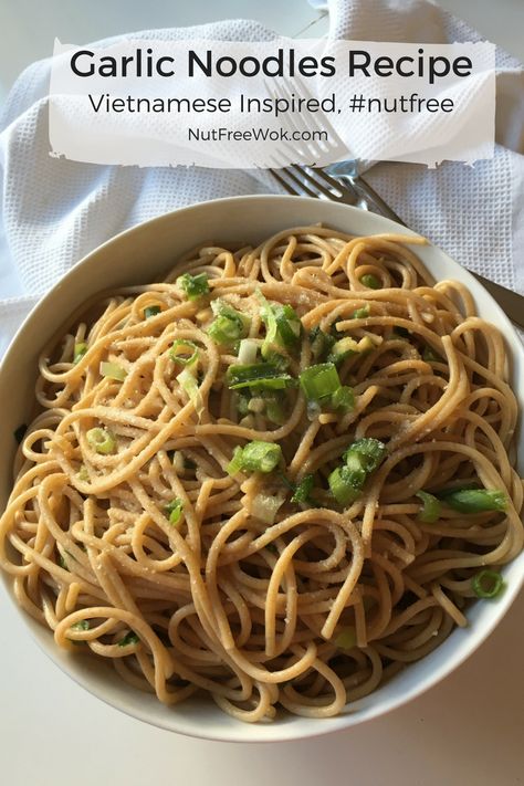 When you make this Vietnamese inspired Garlic Noodles recipe, you will make a delicious side dish for a quick weeknight meal or when you have guests coming and you need a no-fuss side dish that feeds a crowd. These garlic noodles are pure comfort food and you can make it as written and or easily adapt to your needs. This post was updated in October, 2023. Garlic Noodle, Garlic Noodles Recipe, Pasta Noodle Recipe, Noodle Recipe, Nut Free Recipes, Garlic Noodles, Noodles Recipe, Vietnamese Food, Allergy Friendly Recipes