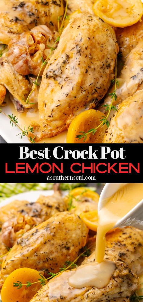 Best Crock Pot Lemon Chicken Crock Pot Chicken And Dressing, Crock Pot Lemon Chicken, Garlic Roast Chicken, Garlic Chicken Crockpot, Slow Cooker Lemon Chicken, Soul Recipes, Garlic Roast, Chicken Delight, Lemon Thyme Chicken