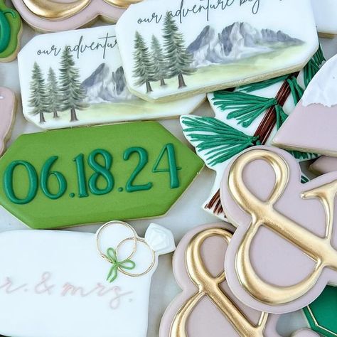 Baked by Becca on Instagram: "Adventure themed shower for a couple heading to Yosemite National Park next month for their wedding⛰️🌲

#stateparkcookies #mountaincookies #adventurecookies #yosemitecookies" Hiking Wedding, Engagement Cookies, Bridal Cookies, Yosemite Wedding, Adventure Theme, Engagement Cakes, Wedding Cookies, Yosemite National, Decorated Cookies