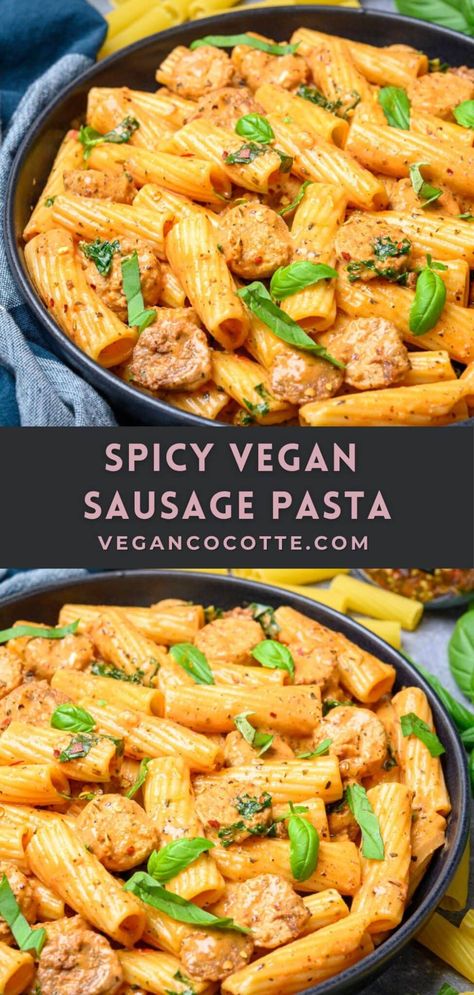 Spicy Vegan Sausage Pasta Vegan Italian Sausage Recipe, Healthy Italian Food, Vegan Sausage Pasta, Vegan Sausage Recipe, Easy Vegan Pasta, Pasta One Pot, Vegan Cajun, Healthy Italian Recipes, Vegan Italian Recipes