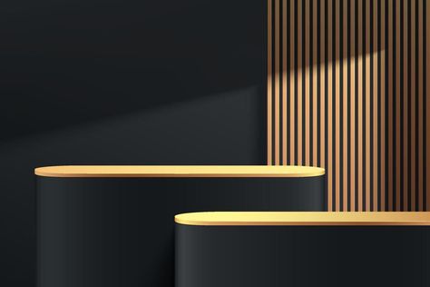 Abstract 3D black, gold round pedestal podium with golden vertical stripes and shadow. Luxury dark minimal wall scene. Modern vector rendering geometric platform for product display presentation. Minimal Wall, Product Display, Abstract 3d, Vertical Stripes, Vector Art, Presentation, Stripes, Wall, Gold