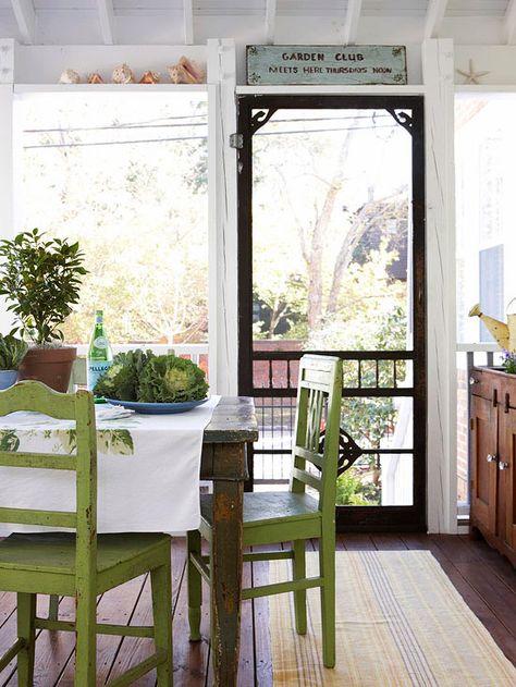 White Painted Porch - love the color on the chairs and the naturals screen door! Indoor Porch, Painted Chairs, The Dining Room, Green Chair, Screen Door, Screened Porch, Porch Patio, Outdoor Rooms, Patio Dining