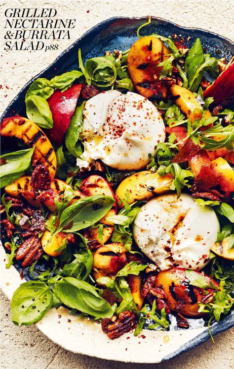 PressReader.com | GRILLED NEC­TARINE & BUR­RATA SALAD Buratta Recipe, California Salad, Nectarine Salad, Burrata Salad, Grilled Fruit, Bbc Food, Bbc Good Food, Bbc Good Food Recipes, Idee Pasto Sano