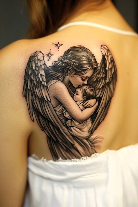 Angel Tattoo Designs For Women, Angel Wing Tattoo Memorial, Mothers Love For Her Son, Elf Tattoo, Beautiful Angel Tattoos, Angel Tattoo For Women, Guardian Angel Tattoo Designs, Angle Tattoo, Guardian Angel Tattoo