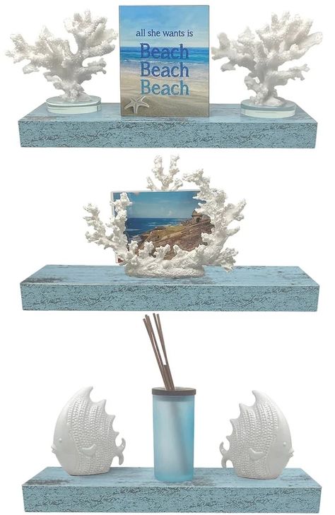 Decorative Wall Shelves with a Coastal & Nautical Theme Coastal Shelves, Fireplace Entryway, Desk Fireplace, Decorative Wall Shelves, Long Floating Shelves, Wall Shelf Decor, Seashell Art, Modern Farmhouse Decor, Floating Shelf