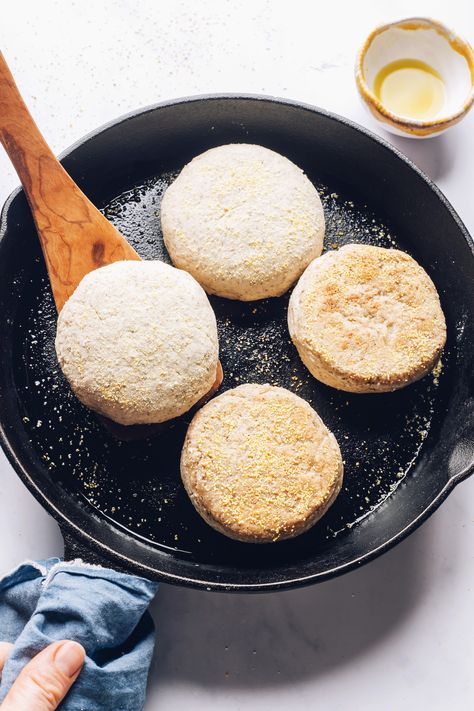 Cooking gluten-free English muffins in a cast iron skillet Gluten Free English Muffin Recipe, Vegan English Muffins, Gluten Free English Muffins, English Muffin Recipes, Minimalist Baker, Gf Bread, English Muffins, Breakfast Sandwiches, Gluten Free Muffins