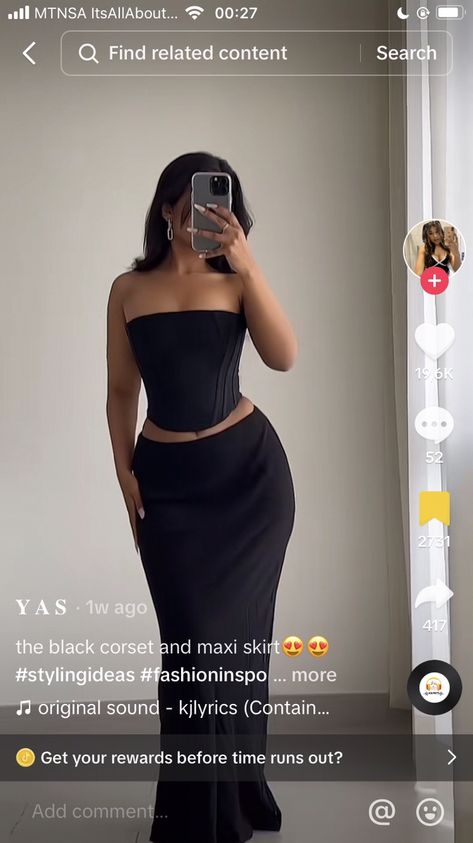 Black Corset Outfit, Corset Outfit, Silk Maxi Skirt, Classy Prom Dresses, Maxi Skirt Outfits, Black Maxi Skirt, Black Corset, Streetwear Fashion Women, All Black Outfit