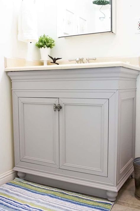 White Painted Bathroom Cabinets, Diy Painted Bathroom Cabinets, Bathroom With Cream Countertop, Bathroom Cream Countertop, Gray Bathroom Cabinets Painted, Cream Bathroom Countertops, Gray Painted Bathroom Vanity, Cream Countertops Bathroom, Painted Cabinets Bathroom