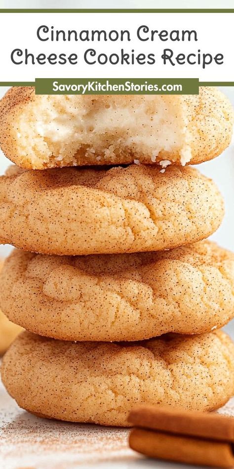 Looking for a festive treat that will impress your guests? These Cinnamon Cream Cheese Cookies are the perfect blend of warmth and sweetness for your holiday gatherings. Save this recipe to create delightful Christmas desserts that will have everyone asking for seconds! Christmas Baking With Cream Cheese, Cheesecake Stuffed Ginger Cookies, Gluten Free Cream Cheese Desserts, Cinnamon Cheesecake Cookies, Cookie Cream Cheese Bars, Cream Cheese Christmas Desserts, Christmas Cream Cheese Cookies, Christmas Desserts With Cream Cheese, Holiday Baking Championship Recipes