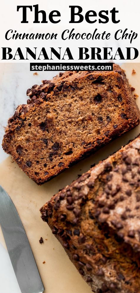 This easy and flavorful cinnamon chocolate chip banana bread is super soft! It is full of cinnamon, ripe bananas, and mini chocolate chips. It is coated with cinnamon sugar. Sweet Breakfast Recipes, Sour Cream Banana Bread, Chocolate Chip Banana Bread Recipe, Cinnamon Banana Bread, Brown Sugar Recipes, Warm Desserts, Banana Dessert Recipes, Breakfast Recipes Sweet, Family Brunch