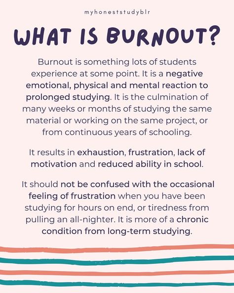 🤕 how to deal with burnout 🤕 • QOTD: do you have any exams coming up? • 💾 𝙎𝙖𝙫𝙚 𝙖𝙣𝙙 𝙨𝙝𝙖𝙧𝙚 𝙩𝙝𝙞𝙨 𝙥𝙤𝙨𝙩 𝙛𝙤𝙧 𝙧𝙚𝙛𝙚𝙧𝙚𝙣𝙘𝙚 𝙖𝙣𝙙 𝙩𝙤 𝙝𝙚𝙡𝙥 𝙚𝙣𝙜𝙖𝙜𝙚𝙢𝙚𝙣𝙩! (𝙖𝙣𝙙 𝙛𝙤𝙡𝙡𝙤𝙬 @myhoneststudyblr 𝙛𝙤𝙧 𝙢𝙤𝙧𝙚!) • ⬅️ 𝙨𝙬𝙞𝙥𝙚 𝙩𝙤 𝙨𝙚𝙚 𝙢𝙮 𝙩𝙞𝙥𝙨 • Lots of people have struggled with burnout and I think we can all agree that it’s not very nice! I hope that this post helps you understand burnout more and gives you some strategies to prevent and then recover from it! • 𝐖𝐇𝐀𝐓’𝐒 𝐂𝐎𝐕𝐄𝐑𝐄𝐃 [🤔] What is burnout? —> Burnout is a negative emotiona... Student Burnout, Nurse Burnout, Pulling An All Nighter, Life Advice Quotes, Lots Of People, Lack Of Motivation, Chronic Condition, Advice Quotes, Life Advice