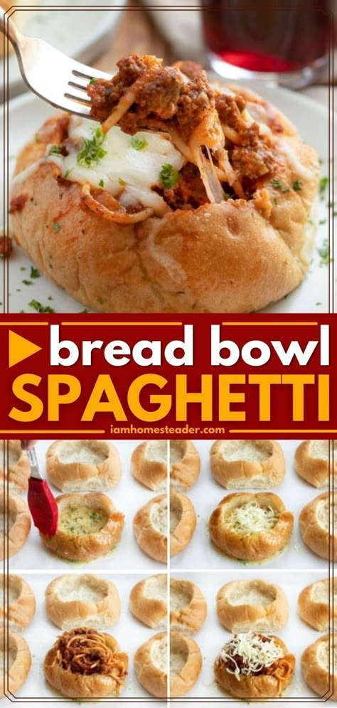 Bread Bowl Ideas, Pasta Bread Bowl, Pizza Recipes For Kids, Bread Bowl Recipes, Spaghetti Bread, Spaghetti Bowl, Kaiser Roll, Bread Bowl Soup, Tasty Dinner Ideas