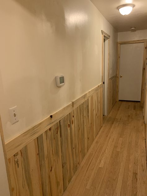 Wood Wall Hallway, Wood And Sheetrock Walls, T 111 Interior Walls, Single Wide Remodel Interiors, Half Sheet Rock Half Wood Walls, Yurt Addition, Wood Halfway Up Wall, Natural Wood Wainscoting, Wood Wainscoting Ideas