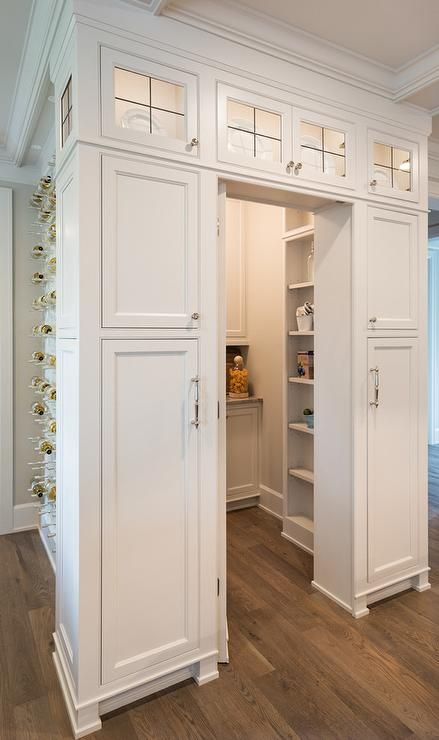 Cabinet Over Doorway, Cabinets Above Doorway, Cabinets Around Doorway, Doorway In Kitchen, Pantry Behind Kitchen Wall, Leaded Glass Cabinets, Apartment Hacks, Pantry Room, Glass Cabinets