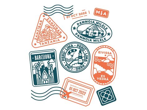 Stamp designs Stamp Graphic, Travel Stamp, Craft Logo, Passport Stamps, Illustration Procreate, Wedding Stationery Design, 카드 디자인, Design And Illustration, Travel Logo