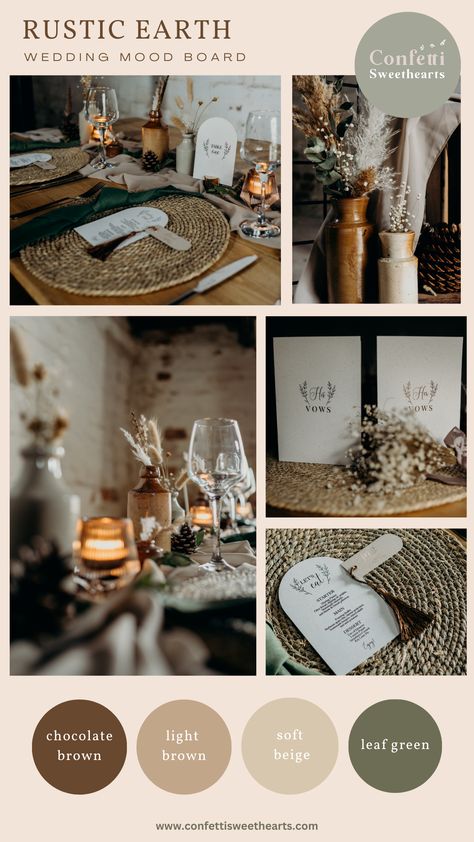 Rustic Colours Palette, Earthy Wedding Inspiration, Earthy Moody Aesthetic, Rustic Chic Color Palette, Rustic Wedding Colour Palettes, Woodsy Wedding Color Palette, Earth Tone Wedding Florals, Rustic Boho Color Palette, Vintage Wedding Mood Board