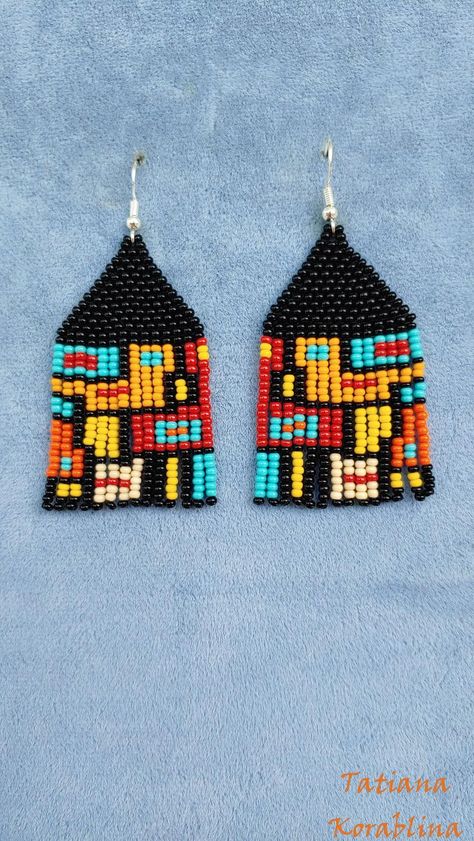 Author's beaded earrings evening Native earring Seed bead | Etsy Beaded Chandelier Earrings, Beaded Earrings Native, Beaded Earrings Tutorials, Beaded Earrings Diy, Earrings Chandelier, African Earrings, Abstract Earrings, Multicolor Earrings, Brick Stitch Earrings