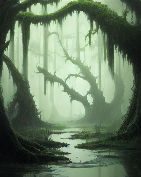 Swamp Creature, Nature Elements, Fantasy Places, Fantasy Art Landscapes, Prints Art, Environment Concept Art, Love Nature, Environmental Art, Dark Forest