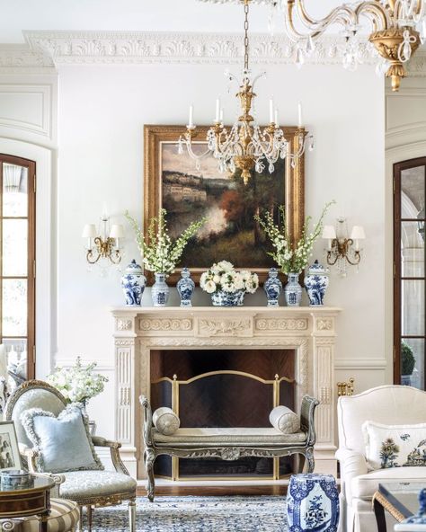 Victoria Magazine, Blue And White Chinoiserie, The Enchanted Home, Blue White Decor, Enchanted Home, Branch Decor, Blue And White China, White Rooms, Fireplace Mantle