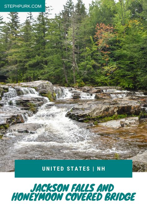 Jackson Falls is a roadside, multi-cascade waterfall and nearby visitors can see Honeymoon Covered Bridge in Jackson, New Hampshire. #jacksonfalls #honeymooncoveredbridge #newhampshire Cascade Waterfall, Covered Bridge, Covered Bridges, New Hampshire, Hampshire, Bridge, United States, Lake, The Unit