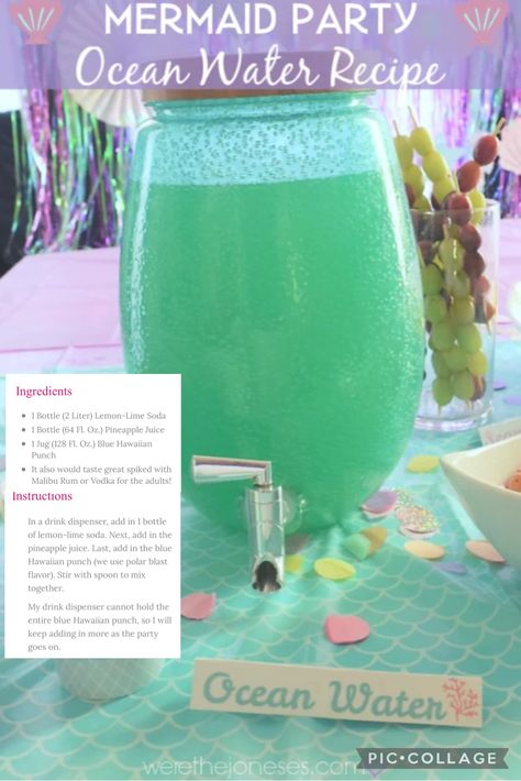 Under The Sea Drinks Alcohol, Under The Sea Drinks, Drink Dispenser Recipes, Movie Foods, Blue Hawaiian Punch, Mermaid Drink, Mermaid Theme Birthday Party, 30th Party, Sea Baby Shower