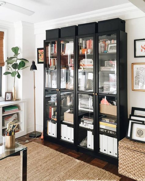 IKEA Billy Bookcase with glass doors                                                                                                                                                                                 More Ikea Glass Door Bookcase, Black Ikea Cabinet, Black Billy Bookcase With Glass Doors, Black Billy Bookcase Living Room, Black Billy Ikea, Ikea Bookcase With Glass Doors, Glass Book Shelves In Living Room, Black Bookcase With Glass Doors, Home Library Glass Doors