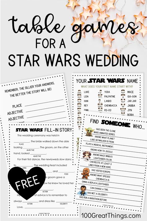 Say "I do" to a wedding that's lightyears beyond ordinary. Unleash the force with 100 innovative Star Wars touches. Your romantic day will be truly out of this galaxy. Free table games for your reception! Star Wars Wedding Shower Games, Star Wars Wedding Favors, Star Wars Candles, Empire Symbol, How To Juggle, Printable Star, Han And Leia, Star Wars Design, Wooden Guest Book