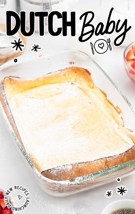 close up shot of a dutch baby sprinkled with powdered sugar in a pan Puff Pancakes, German Oven Pancake, Dutch Baby Pancake Recipe, Baby Recipe, Dutch Baby Recipe, Fancy Breakfast, Baby Pancakes, Dutch Baby Pancake, Breakfast Bread Recipes