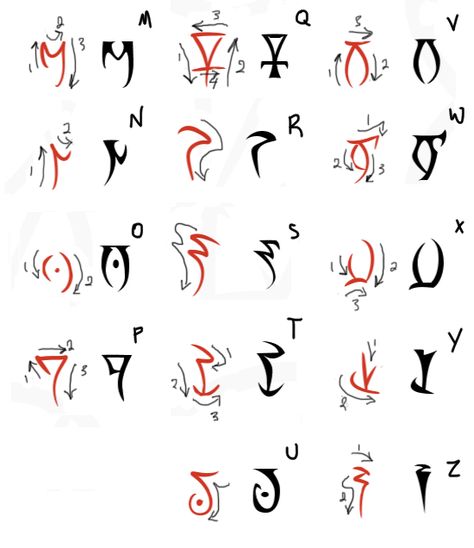 Daedric alphabet Daedric Alphabet Elder Scrolls, Morrowind Tattoo, Ipad Fonts, Dnd Cards, Ancient Alphabet, Fictional Languages, Tattoo Fonts Alphabet, Ancient Alphabets, Calligraphy Fonts Alphabet