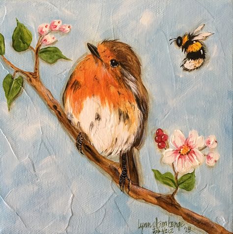 English Robin by LynnElamBonge @ Etsy Easy Robin Painting, Robin Bird Painting, Love Birds Painting Acrylic, Christmas Robin Painting, Robin Acrylic Painting, Bird Paintings On Canvas, Acrylic Painting Inspiration, Landscape Art Painting, Small Canvas Art