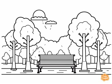 illustration of Beautiful park scene Park Coloring Pages, Park Scene, Beauty Planet, Black And White Cartoon, Beautiful Park, Black And White Drawing, Young At Heart, Natural Environment, Free Kids