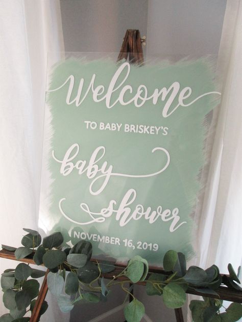 Personalized baby shower acrylic welcome sign with date, painted back with stand, custom baby sign, garden shower, baby sprinkle decor by PerryhillRustics on Etsy https://www.etsy.com/listing/738437764/personalized-baby-shower-acrylic-welcome Cricut Baby Shower, Sign Lettering, Bebe Shower, Green Baby Shower, Baby Shower Sign, Orange Baby, Baby Announcements, Shower Welcome Sign, Pumpkin Baby