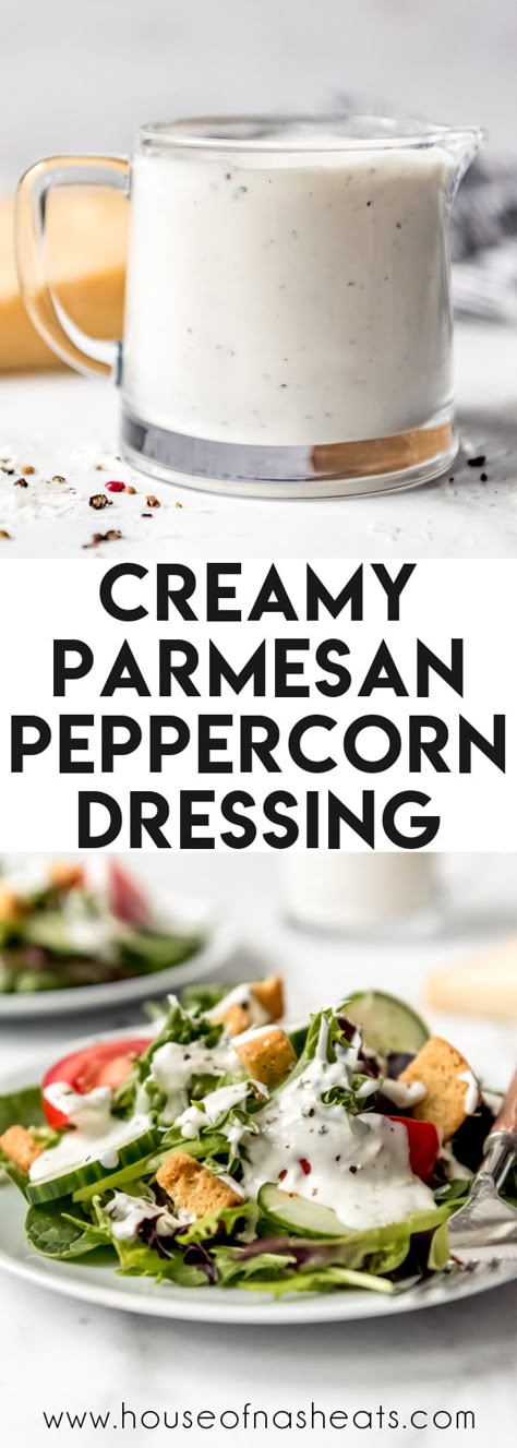 Parmesan Peppercorn Dressing, Peppercorn Ranch Dressing, Peppercorn Dressing, Creamy Salad, Creamy Salad Dressing, Salad Dressing Recipe, Salad Dressing Recipes Homemade, Homemade Condiments, Creamy Parmesan