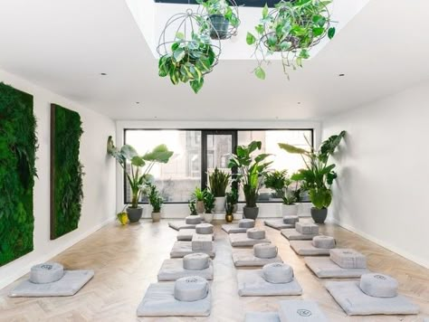 In MNDFL's Upper East Side studio, students sit on cushions that face three panels of vertical gardens | archdigest.com Yoga Studio Interior, Meditation Room Design, Sala Yoga, Yoga Room Design, Yoga Handstand, Meditation Studio, Yoga Studio Design, Wellness Studio, Meditation Rooms