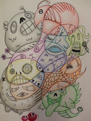 Art Mash: Quick and Easy Year End Activities #5 Monster Doodles, Art Sub Lessons, Homework Ideas, Art Sub Plans, Quick Art, October Art, 5th Grade Art, School Daze, Doodle Coloring