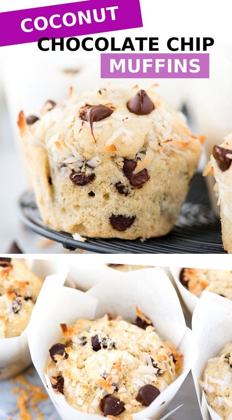 These coconut chocolate chip muffins have FOUR types of coconut that make a sweet, tender muffin with the perfect amount of coconut flavor. Want to know how to make coconut oil bakery style muffins? There’s so many tips and explanations in this recipe! #coconutmuffins #glutenfreemuffins #chocolatechipmuffins Muffin Flavors, Bakery Style Muffins, Coconut Muffins, Dairy Free Chocolate Chips, Coconut Chocolate, Homemade Muffins, Chocolate Chip Muffins, Coconut Recipes, Chocolate Muffins