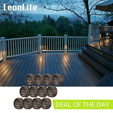 LEONLITE LED Step Lights, Round Deck light, for fences, steps, railing, and decorative stairs lighting. Rubbed Bronze, Pack of 12 LEONLITE's LED Deck light is your ideal choice for fences, steps, railing, and decorative stairs lighting. Uniform Lighting The unique louver baffle design delivers softer downward lighting that is free of glare. The high 90+ CRI lets this light bring the natural and vivid color of objects. The long 30,000hrs lifespan lets this deck light provide you with long-lasting lighting. Quality You Can Trust The 12-24V AC/DC low voltage power makes this deck light safe to use around people and pets like dogs while also letting it work with most 12V landscape lighting systems. IP65 waterproof rated, the aluminum housing provides outstanding corrosion and rust resistance e Front Deck Lighting Ideas, Deck Lighting Ideas Railing, Deck Solar Lights, Outdoor Deck Lighting Ideas, Lights On Deck, Decorative Stairs, Lights For Deck, Steps Railing, Deck Lighting Ideas