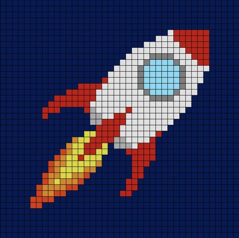 A pixel art template of a rocket launching in space (diagonally). Outer Space Perler Bead Patterns, Space Pixel Art, Cross Stitch Space, Ufo Pixel Art, Space Cross Stitch Pattern, Cross Stitch Planets, Rocket Cross Stitch Pattern, Cross Stitch Space Pattern, Rocket Ship Cross Stitch Pattern