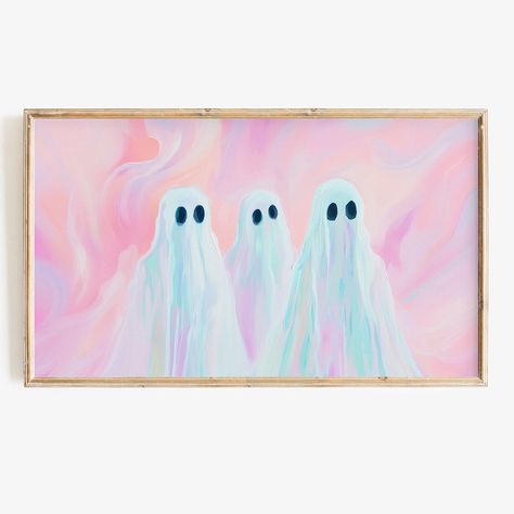 A colorful downloadable pastel pink painting of cute ghosts, perfect for Halloween! Textured paint and brush strokes can be seen on the Frame TV, just like in a real painting! Have fun changing out art seasonally, or even daily! 1 high-resolution digital file in size 3840x2160 pixels 16:9 ratio for a Frame TV DISCOUNTED BUNDLE: https://www.etsy.com/listing/1764771918/frame-tv-art-bundle-colorful-pink?click_key=f750a04da89d2f0adfa8a021f969ddf5a825bd9c%3A1764771918&click_sum=959a0e9b&ref=shop_home Pastel Halloween Painting, Pink Textured Art, Pink Mantle Decor, Pink Ghost Painting, Pastel Halloween, Fall Tv, Pink Painting, Texture Paint, Halloween Painting