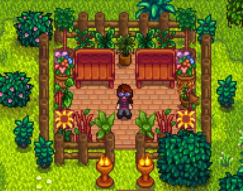 Stardew Valley, Parc, Bench, Resting Area, Community Centre, Exterior Design Quarry Ideas Stardew, Community Centre Stardew Valley, Stardew Valley Golden Clock Design, Stardew Valley Linus Decoration, Stardew Valley Grange Display, Stardew Valley Village Decoration, Stardew Valley Farm Decoration Ideas, Stardew Valley Exterior Design, Stardew Valley Build Ideas