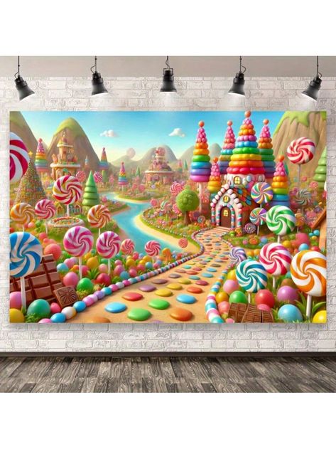 Toile de fond photographique de Fantasy Candy Land - Village de bonbons imaginaire avec des arbres en sucette, un château de bonbons et un chemin coloré et sucré - Convient pour les anniversaires sucrés, les séances photo et les activités amusantes Nude    Polyester     Event & Party Supplies, size features are:Bust: ,Length: ,Sleeve Length: Lollipop Trees, Candy Castle, Lollipop Tree, Studio Backgrounds, Candyland Decorations, Photo Lighting, Photography Backdrop, Backdrops For Parties, Lollipop