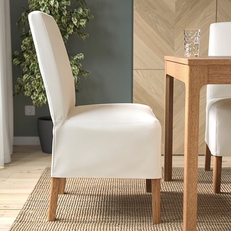 BERGMUND - chair w medium long cover, oak effect/Inseros white | IKEA Hong Kong and Macau Ikea Bergmund, Ikea Chair Cover, White Chair Covers, Ikea Chair, Cottage Furniture, White Dining Chairs, Chair Legs, Cool Chairs, Small Apartment